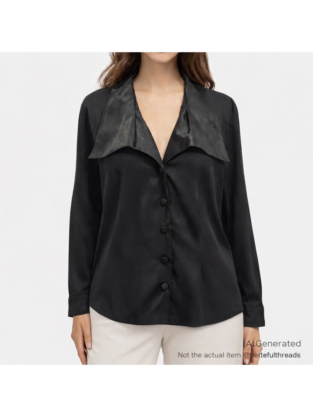 Scarlet Black Satin Lapel Button-Front Blouse | Size L/XL